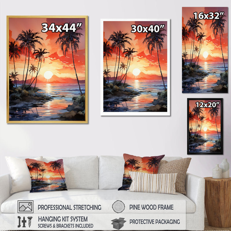 Impression sur toile Twilight Tropical Tranquility Sunset - Palmiers et palmiers, Cadre flottant blanc
