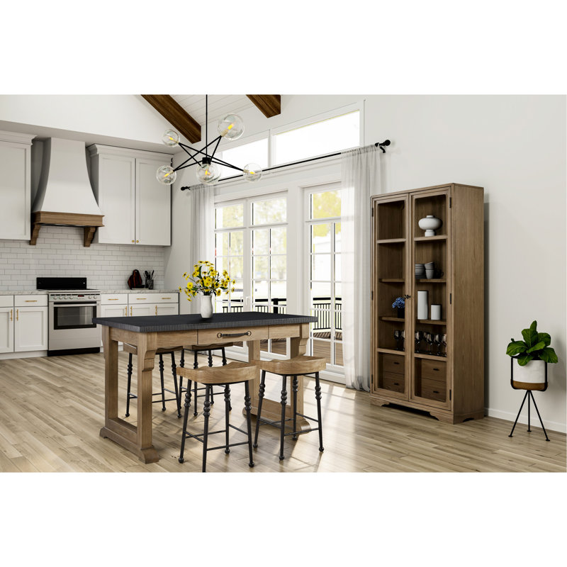 Îlot de cuisine en béton ciré fini noix de cajou avec placage, tiroir central pratique pour le linge de maison, pieds design, couleur beige, construction en bois massif, dimensions : 91 x 91 x 152 cm (plateau fonctionnel).