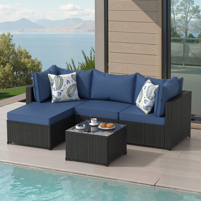 5 Pcs Outdoor Conversation Sets Outdoor Sectional Sofa W/ Cushion & Ottoman