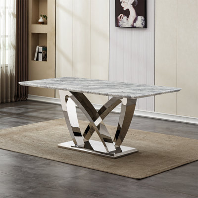 Modern 70" Marble Dining Table With Stainless Steel Structure, Comfortable Seating For Family Gatherings Kitchen Table, Mirrored Finish, - Areas