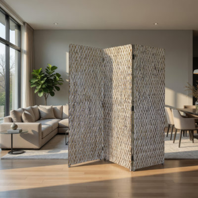 Paravent 3 panneaux 72 pouces, motif ondulé 3D en bois, gris vieilli, noir, brun