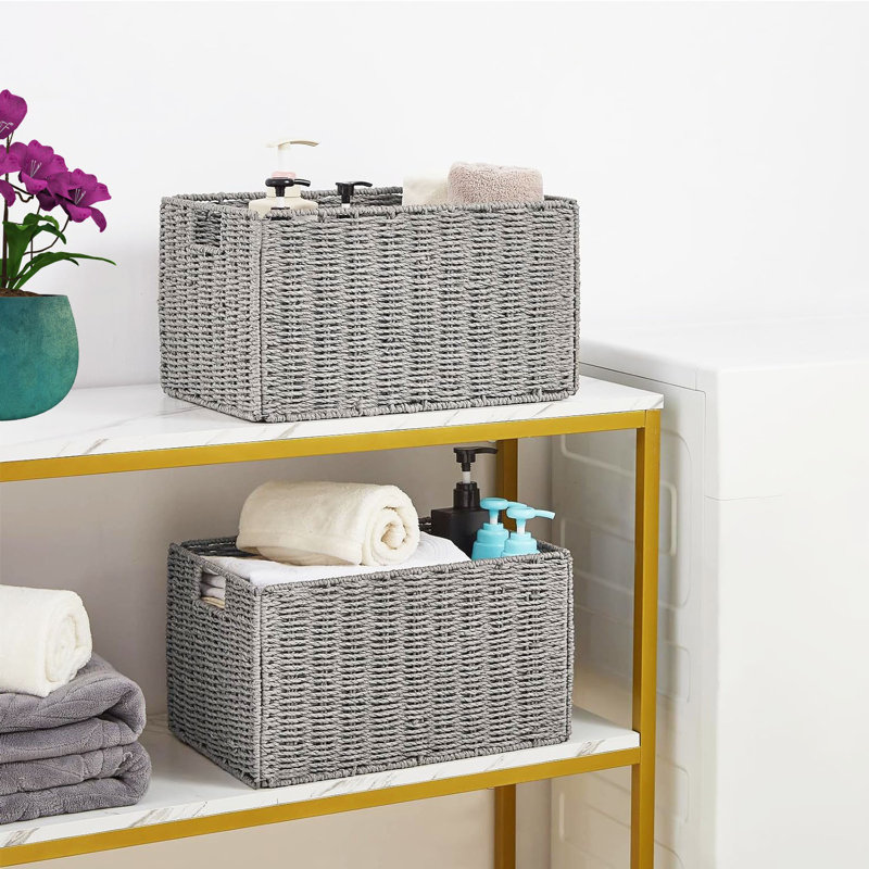 Gray Handwoven Paper Rope Wicker Storage Baskets with Iron Frame, Set of 2