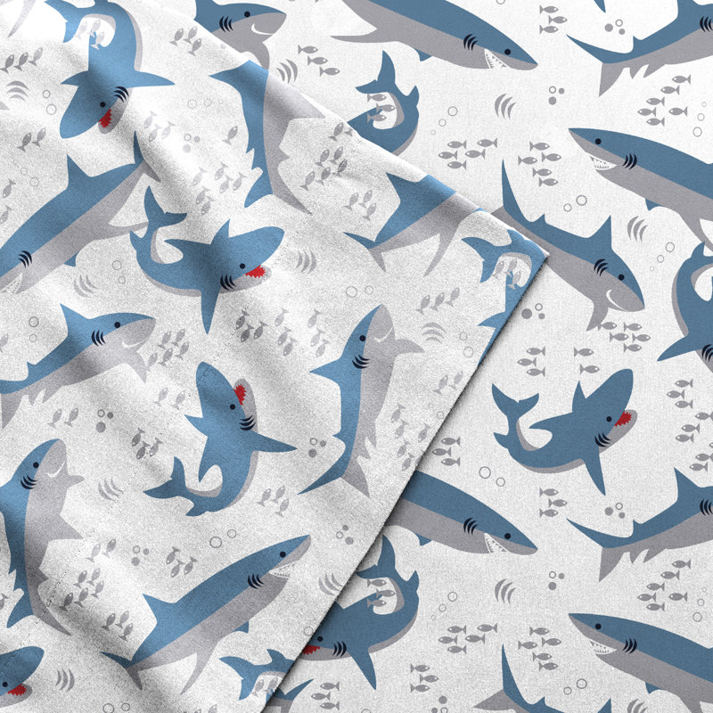 Blue and White Shark Print Twin Microfiber Sheet Set