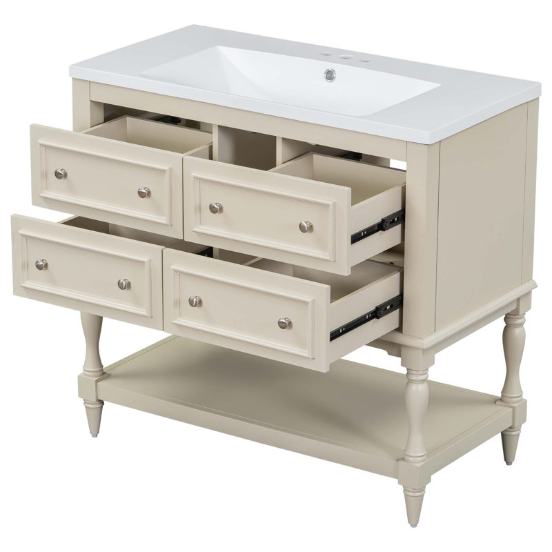 Ensemble de meuble-lavabo avec ensemble de meuble-lavabo, lavabo sous-comptoir en résine, ensemble de meuble-lavabo autoportant avec 4 tiroirs, armoire de salle de bain avec cadre en bois massif
