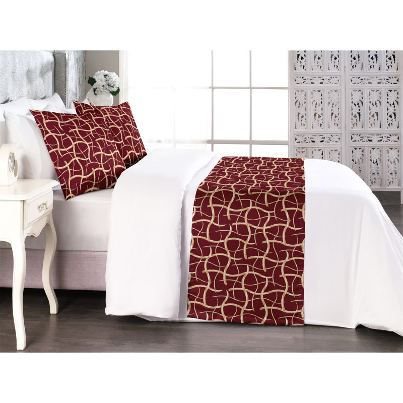 Ambesonne Abstract Bed Runner Set Lines Wavy Forms Pattern  Maroon Pale Brown, Queen