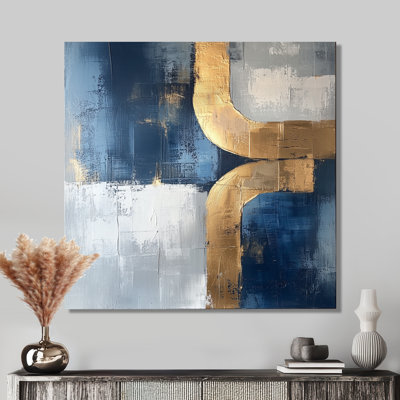 Géométrique doré bleu et gris Pure Form II - art mural abstrait géométrique en métal pour le salon
