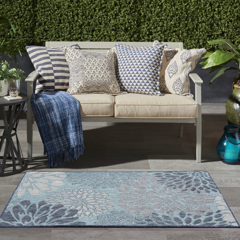 Winston Porter Ylianna Navy Tropical Indoor/Outdoor Rug, Rectangle 2' x 4'