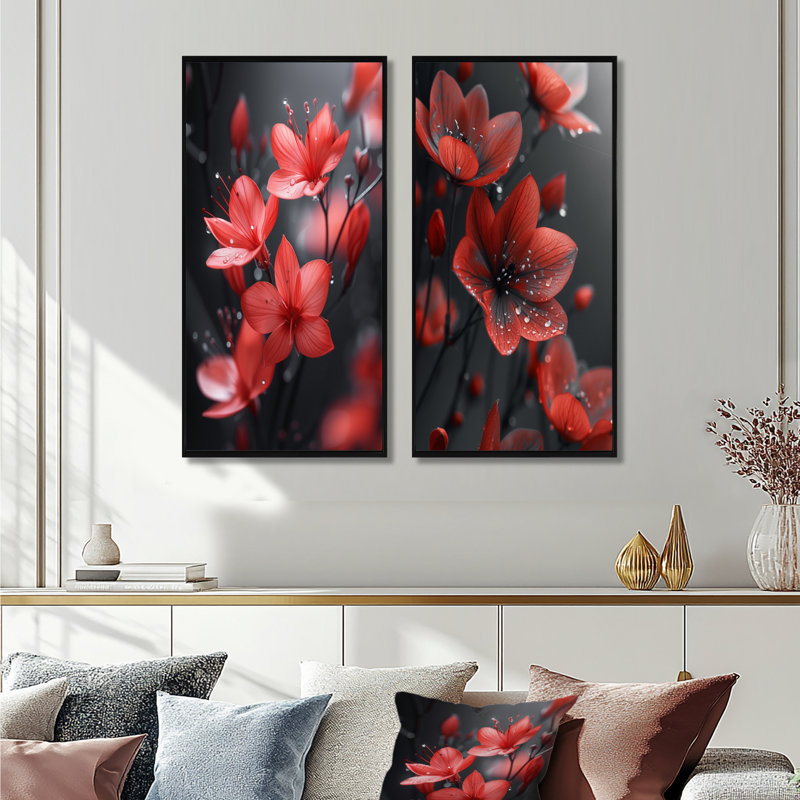 Ensemble de 2 fleurs monochromes rouges et noires d'hiver I - Flowers, H 40 po x l 40 po, Cadre flottant noir