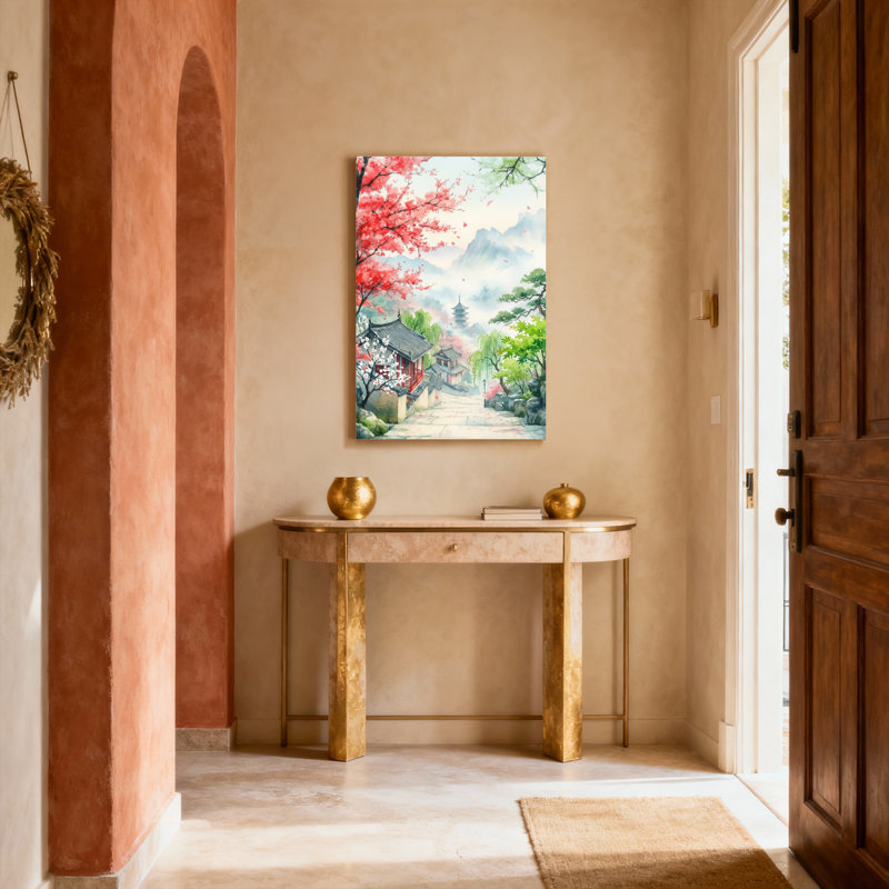 Ensemble de 1 tableau sur toile représentant un paysage de jardin japonais en fleurs de cerisier, H 30 po x l 20 po