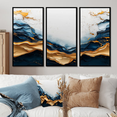 Golden Silence Of Minimal Marble River IV - Minimalism Large Wall Art - 3 Panels