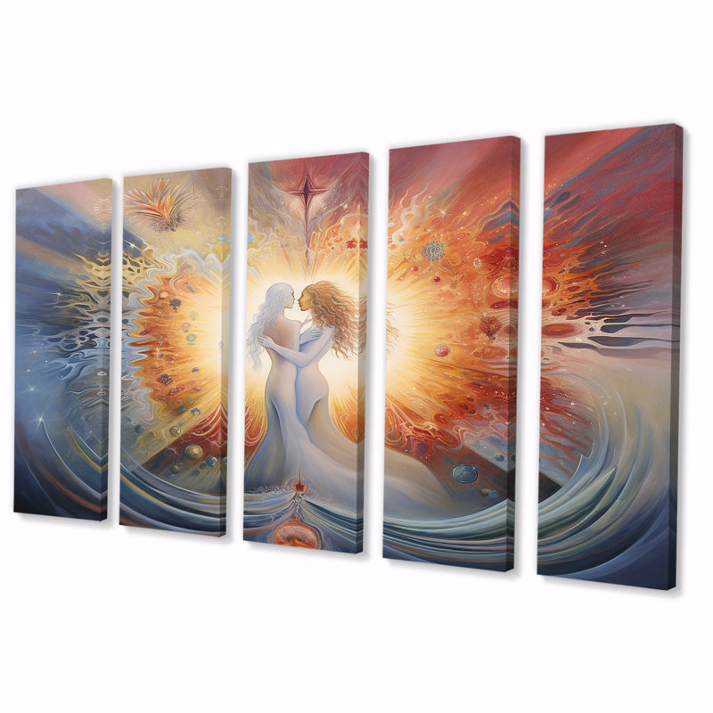 «Divine Love Celestial Union», ensemble de 5 flammes jumelles - femme, déesse, ensemble d'art mural, H 28 po x l 60 po