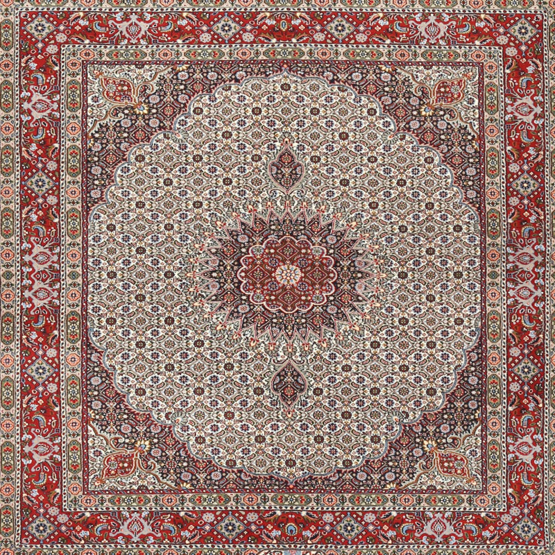 Tapis rouge/beige/noir traditionnel, Carré 4 pi