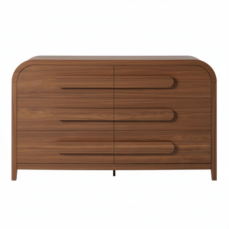 Modern Curved Waterfall Wood 6 Drawer Dresser, Medium Brown Oak