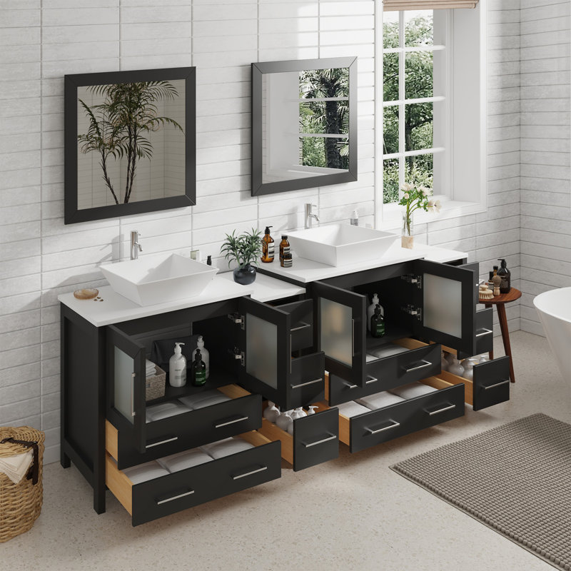  Modern 84" Double Bathroom Vanity Set with Mirror, Espresso