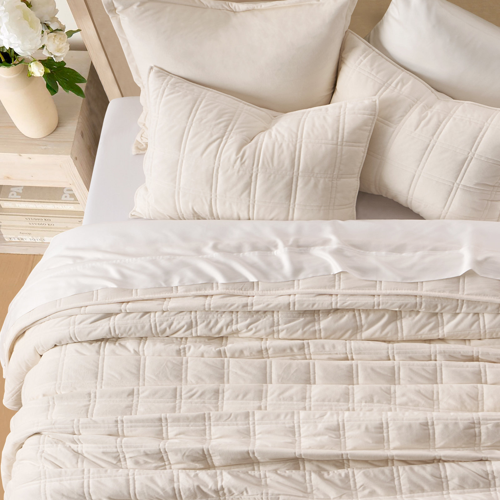 Velvet Quilt Set, Queen Quilt + 2 Queen Shams, Cream White
