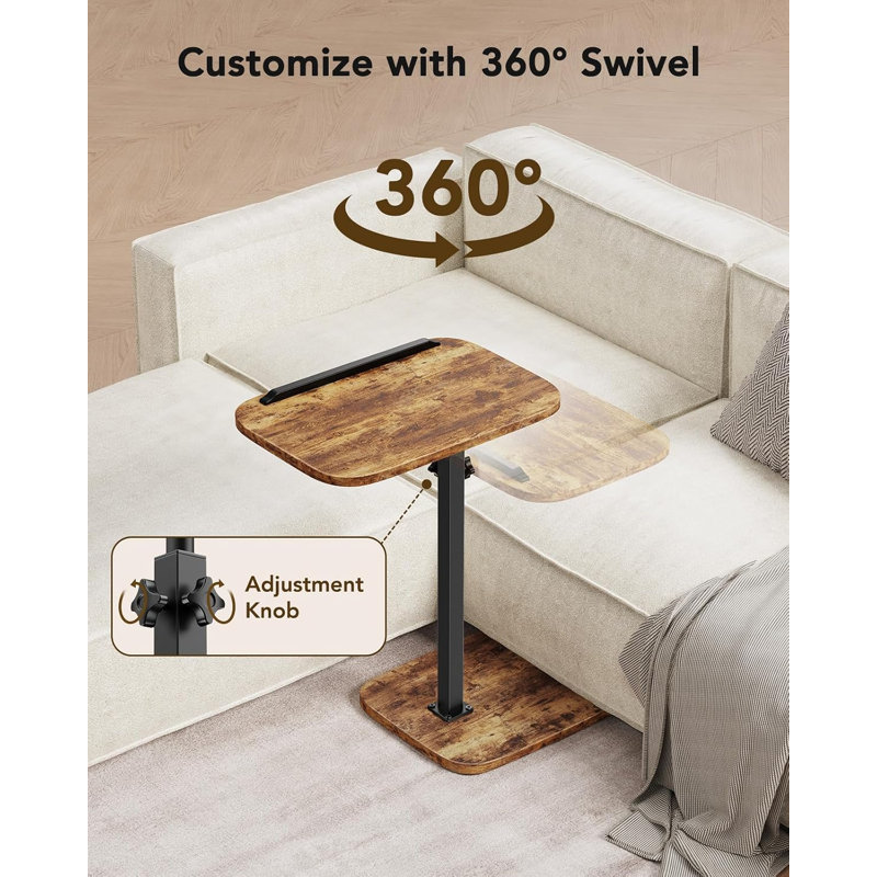 Tablette télé réglable en hauteur, pivotante à 360°, inclinable à 90°, brun rustique