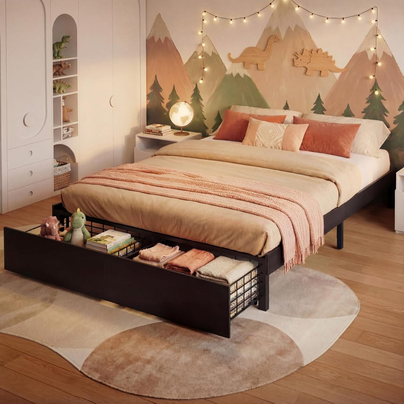 Full Bed Frame with 2 Storage Drawers, Full Size Bed Frame without Fixed Headboard, Wooden Slats, Noise Free, No Box Spring Needed