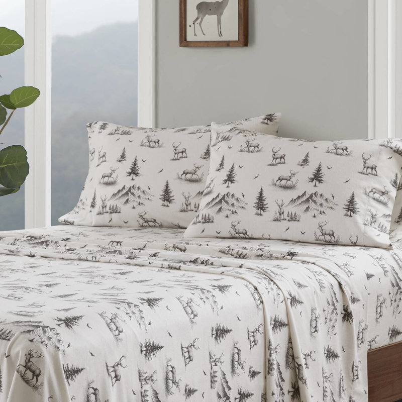 Ensemble de draps 4 pièces en jacquard gris cerf, 100% flanelle de coton brossé pour plus de douceur