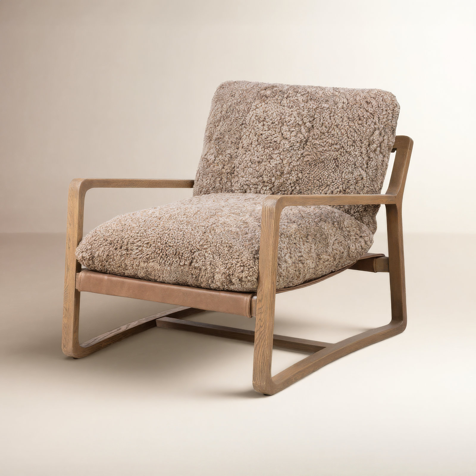 Goldberg Wooden Frame Armchair, Taupe Genuine Shearling, Drifted Oak