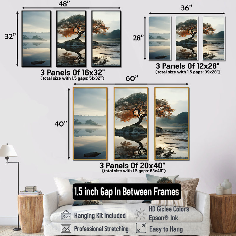 «Lake Tree Tranquility - Lakes Lakehouse», ensemble d'art mural, H 40 po x l 60 po x P 1 po, Cadre naturel flottant