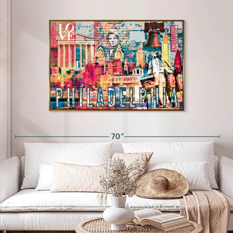 Monuments de Philadelphie, grunge, 13 po x 9 po, Cadre flottant doré