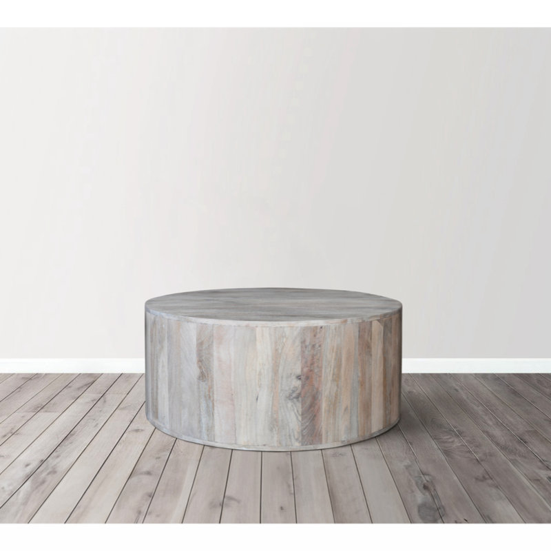 Table basse 36 pouces, forme de tambour fabriqué à la main, bois de manguier blanc délavé sablé
