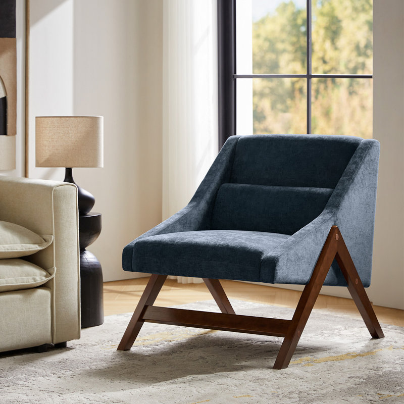 Venancio 28"W Mid-Century Modern Upholstered Arm Chair With Solid Wood Legs And Lumbar Pillow, Navy Polyester
