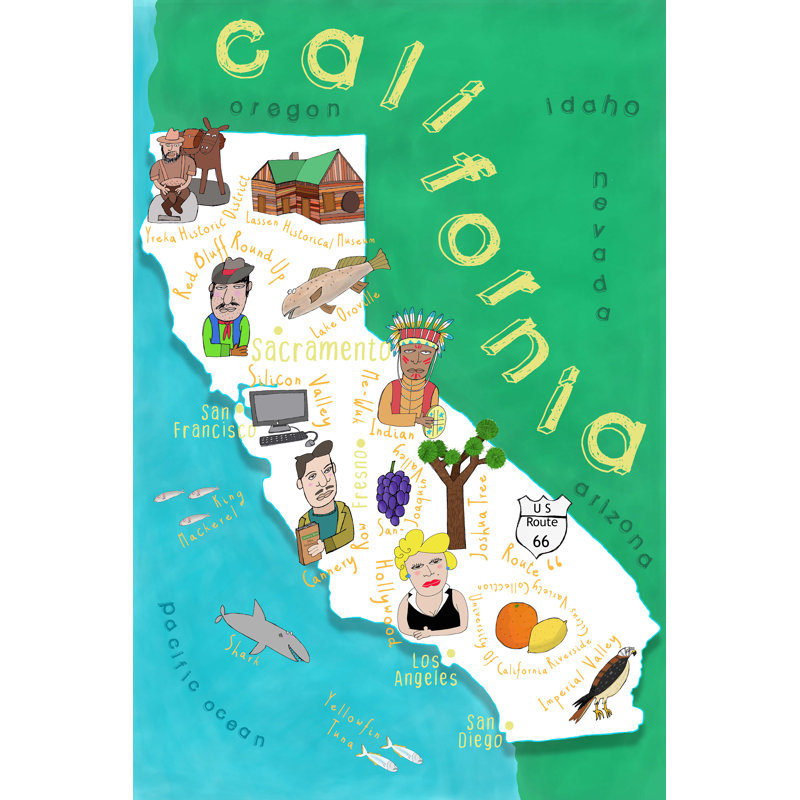Cartes illustrées de l'État de Californie, H 18 po x l 12 po