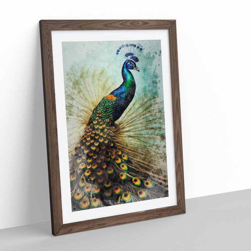 Peacock No.2 - Single Picture Frame Painting, 46cm H x 34cm W x 2cm D, Walnut Framed