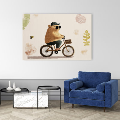 Cool Bear Cycling Minimalist Organic Playful Bear Bird Nature Summer Wall Art Print by Mathieu - Wrapped Canvas Print