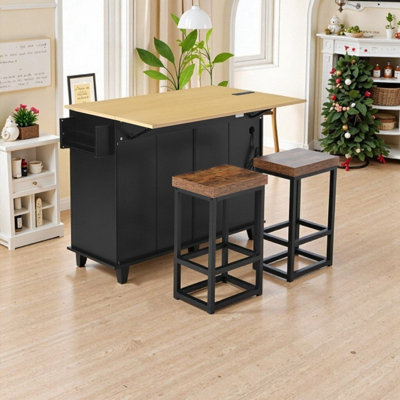 Kitchen Island With Drop Leaf, 2 Stools, Power Outlet, Storage Cabinet & Drawers, Rubber Wood Legs