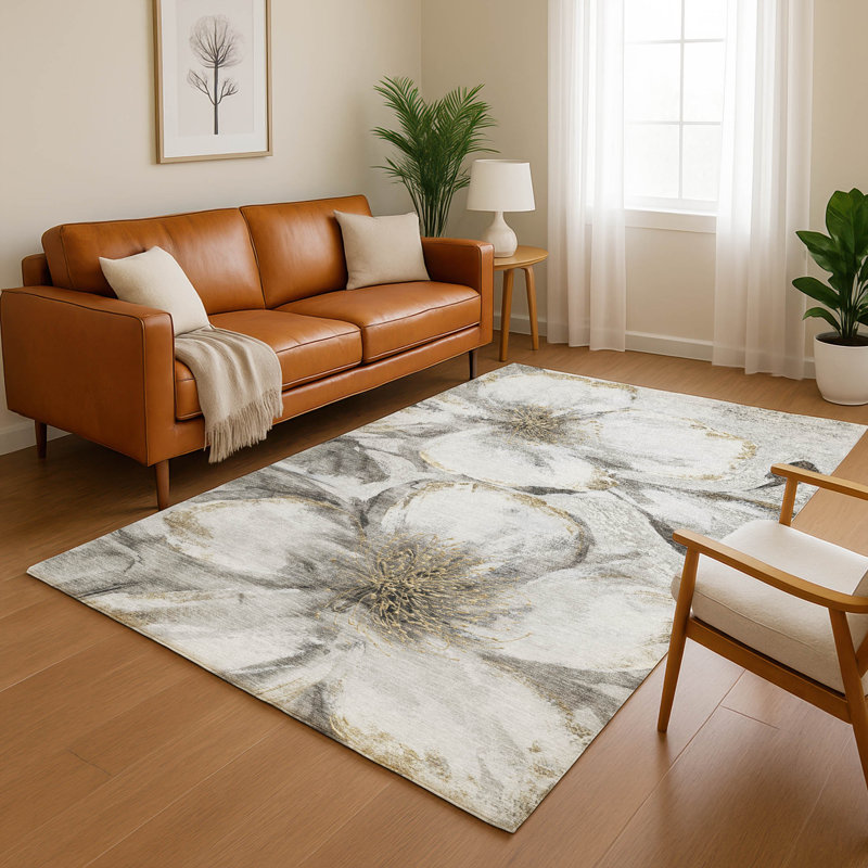 Tapis floral lavable à la machine de qualité supérieure Mayfield AMF2055, Argent argent, 9 pi x 12 pi