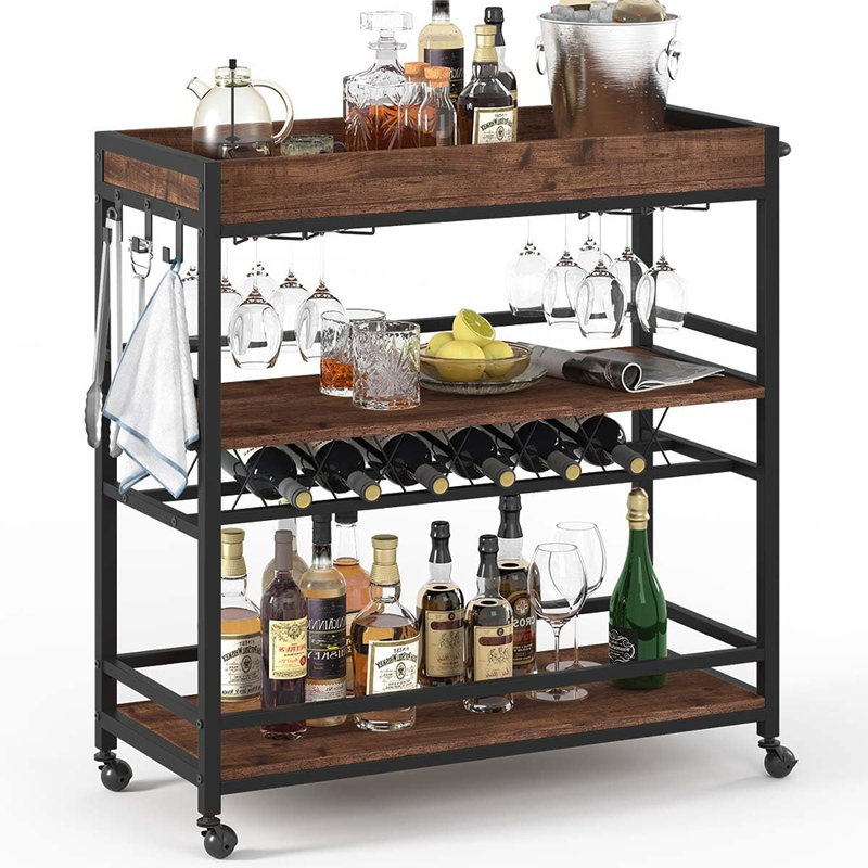 Cart For The Home, Rolling Home Bar Serving Cart On Wheels, 3 Tier Liquor Beverage Carts With Wine Rack And Glass Holder 