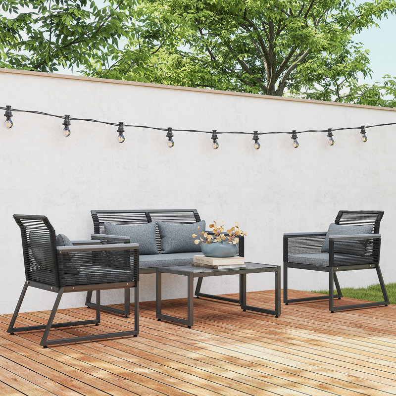 Estellar Metal 4 - Person Seating Group with Cushions, Powder Coated, Charcoal Grey
