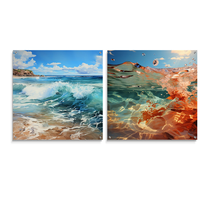 «Beach Photo Oceanic Rhythms» - Ensemble d'art mural en verre acrylique Coastal Beach, H 36 po x l 73 po
