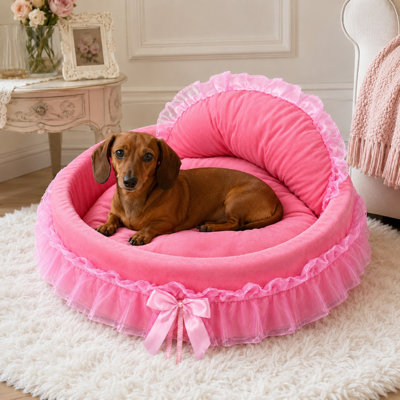 Nid-canapé rose de style princesse pour petits et moyens chiens, chats, chatons et chiots, fabriqué en peluche douce comme une grotte douillette, un coussin de niche et un matelas de couchage ; le lit pour chien est lavable.
