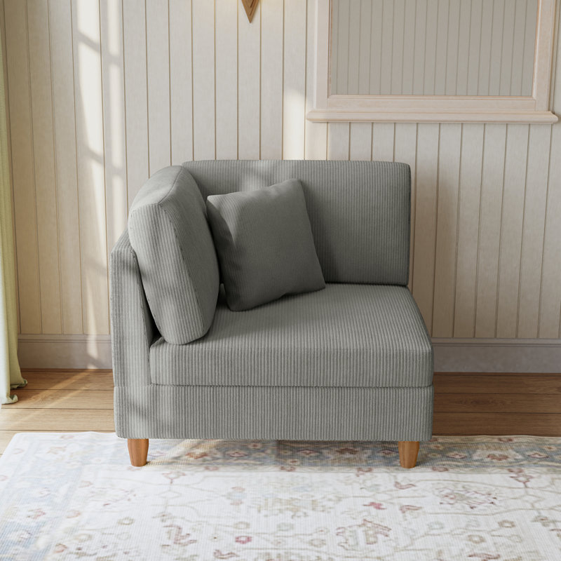 Seemab Upholstered Light Gray Corduroy Armchair with Pillow Back, One Arm Single Chair Module Part For Sectional Sofa