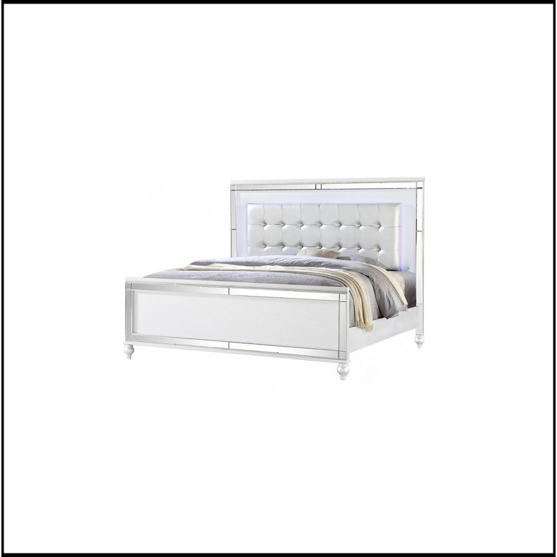Lit rembourré à DEL en bois, Blanc, Lit double