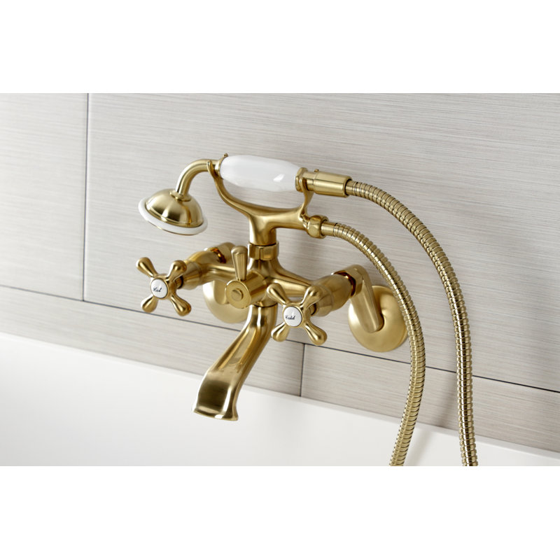 Kingston Brass Kingston Two-Handle 2-Hole Wall Mount Clawfoot Tub Faucet with Hand Shower, Brushed Brass