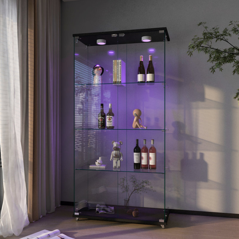 Vitrine moderne en verre avec lumières DEL, 2 portes et 4 tablettes, assemblage rapide, verre trempé, noir, pour le salon et la chambre à coucher, H 65,56 po x L 32,07 po, l 14,06 po, capacité de 45 livres par assemblage