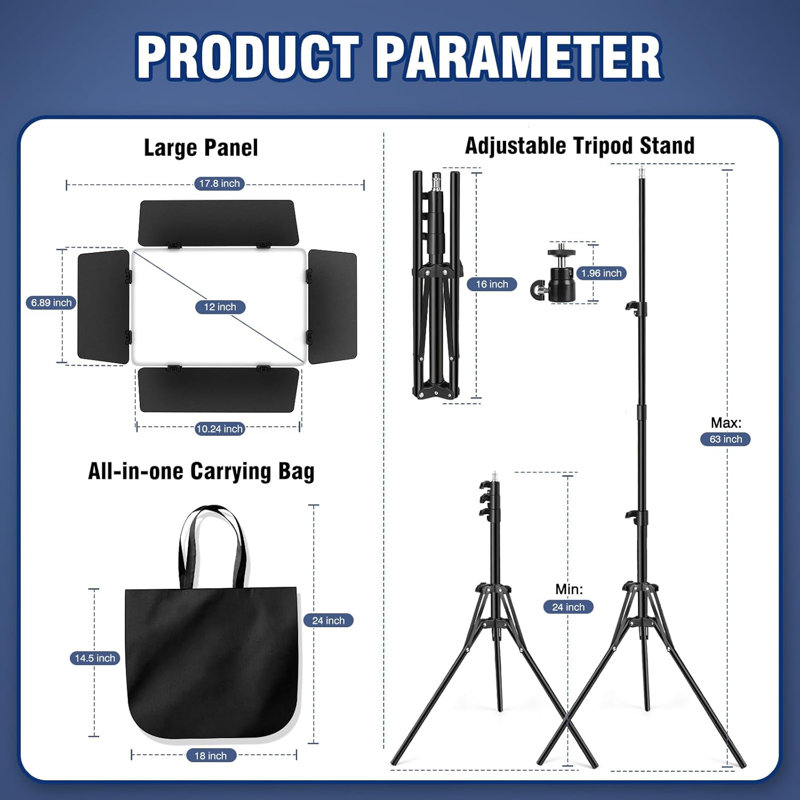 Ensemble de 2 lumières vidéo à DEL avec portes et supports de grange, panneau d'éclairage de studio à intensité variable de 30 W, 2 500 K-8 500 K, 3 000 IRC à haut niveau de luminosité de 98 ou plus, pour la photographie, le tournage, la diffusion