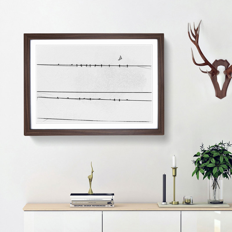 Birds on a Wire in Abstract - Picture Frame Graphic Art Print, 48cm H x 65cm W x 2cm D, Walnut Framed