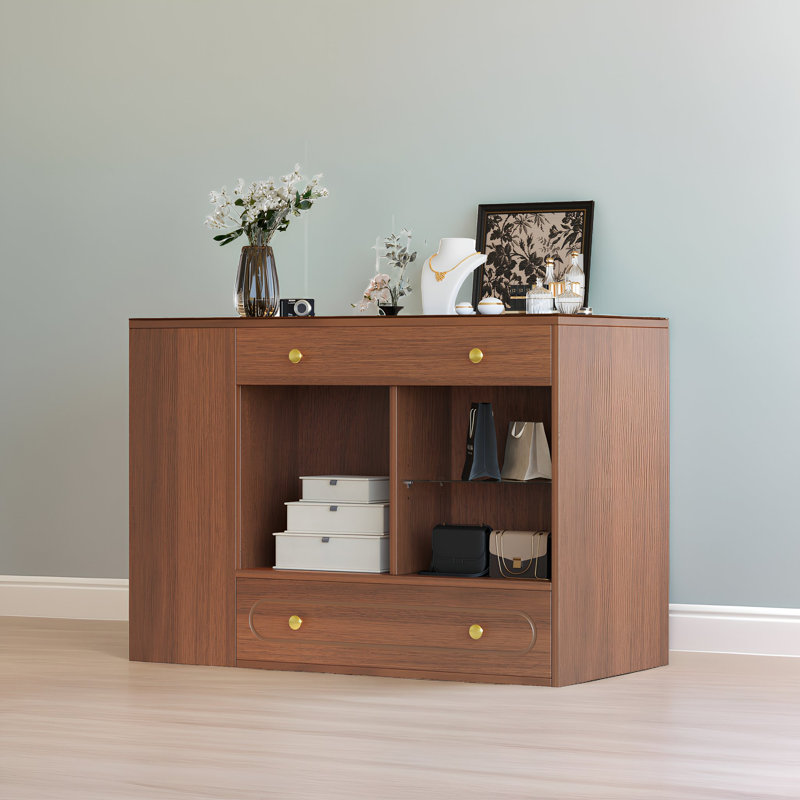 6-Drawer Armoire Makeup Vanities with Open Shelf and Tempered Glass Display Top, Walnut