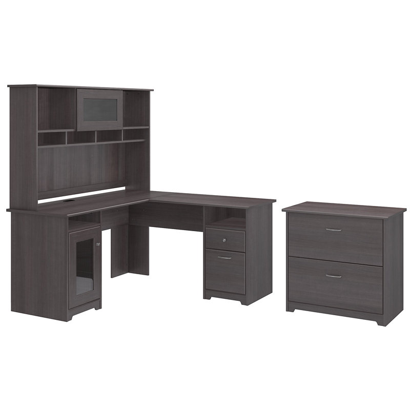 Ensemble de bureau d'ordinateur avec clapier 4 articles Kaionna, Gris chiné