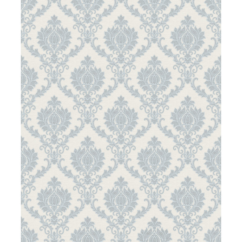 Elgin Italian Damask Design Embossed Satin 10m x 53cm Wallpaper Roll, Blue/Cream