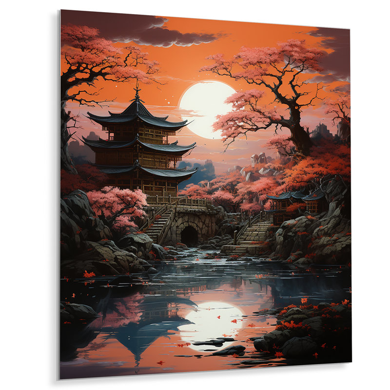 Japon Art Shrine At Twilight II - estampes murales japonaises en métal, H 20 po x l 12 po x P 1 po