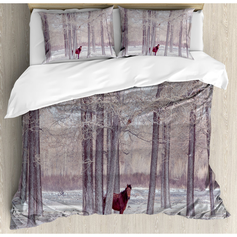 Queen Size Brown Beige Horse Forest Duvet Cover Set