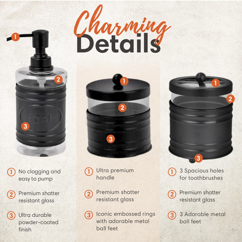 Matte Black Glass and Metal 4-Piece Bathroom Accessory Set
