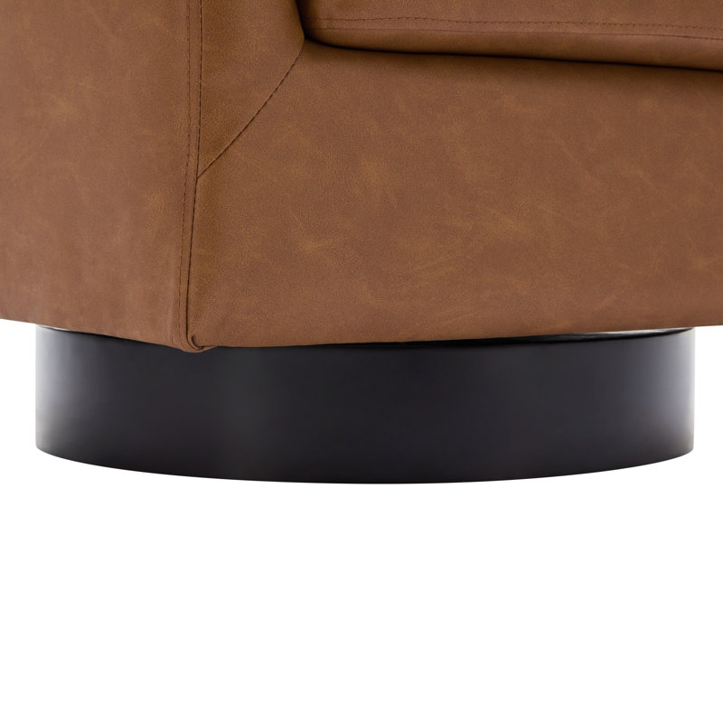 Fauteuil demi-tonneau pivotant en similicuir brun avec base en bois massif Applewold, Similicuir brun