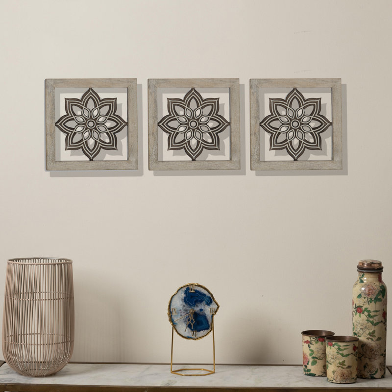 Fabian Solid Wood Handcrafted Mandala Wall Art | Wall Hanging Medallion | Farmhouse Wall Decor For Your Office Or Home | Set Of 3 | 9x9 | Rustic Finish